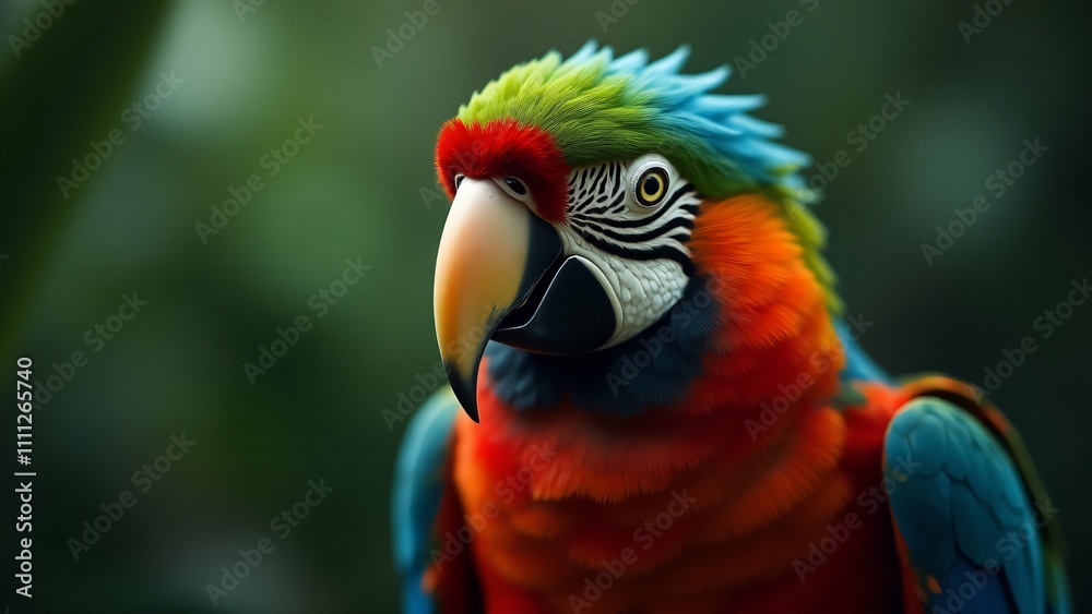 Fototapeta premium A close-up of a parrot, highlighting its colorful feathers and sharp beak, with a vibrant background.