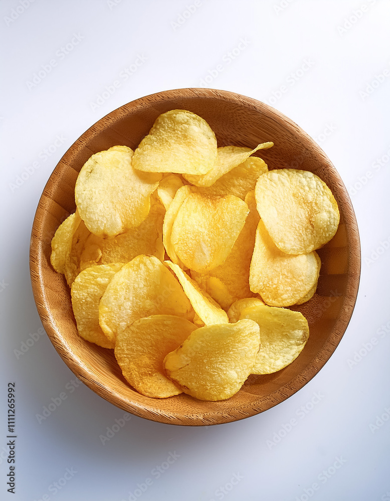 Potato chips in a bowl with soft lighting effect on white background Potato chips in a bowl with soft lighting effect on white background