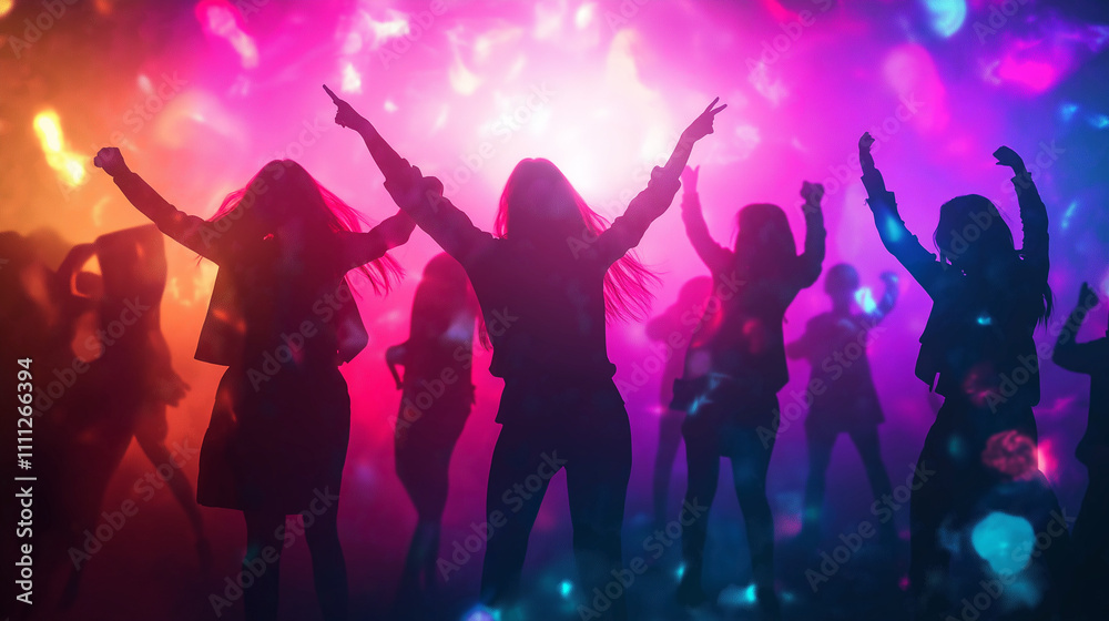 Energetic silhouettes dancing under vibrant lights at a lively event. Energetic silhouettes dancing under vibrant lights at a lively event.