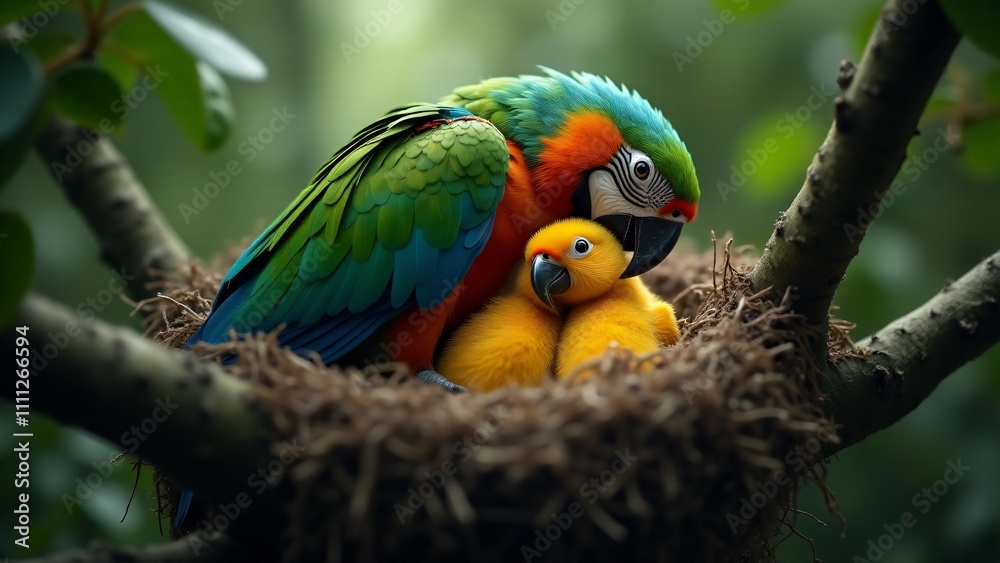 Naklejka premium A mother parrot caring for her chicks in a lush, tropical setting, showcasing their strong bond.