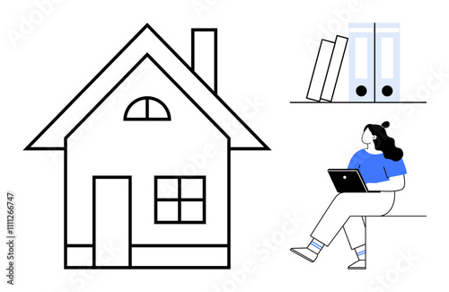 Woman in blue shirt using laptop beside a house icon. Nearby shelf holds books and binders. Ideal for remote work, home office, real estate, digital learning, telecommuting, productivity