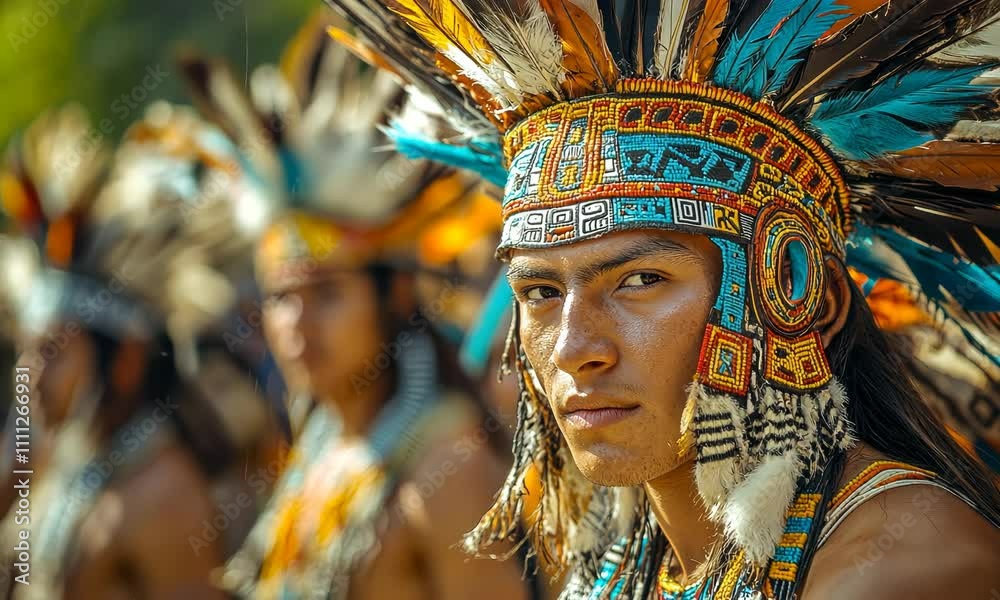 Man in traditional Mayan costume performing on event, 4K