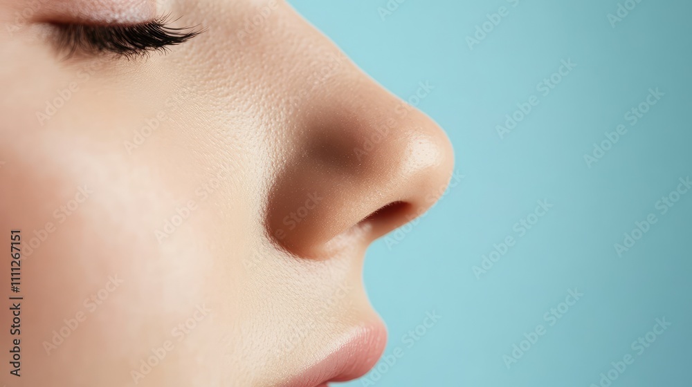 Close-up Profile of a Serene Female Face Against a Blue Background Close-up Profile of a Serene Female Face Against a Blue Background