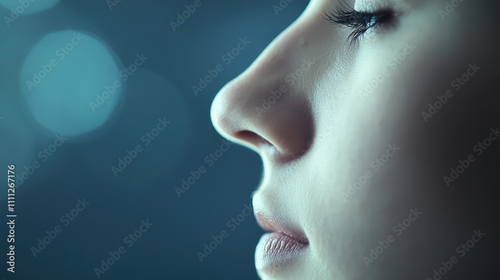 Close-Up Profile of a Serene Woman with Beautiful Skin and Soft Light Close-Up Profile of a Serene Woman with Beautiful Skin and Soft Light