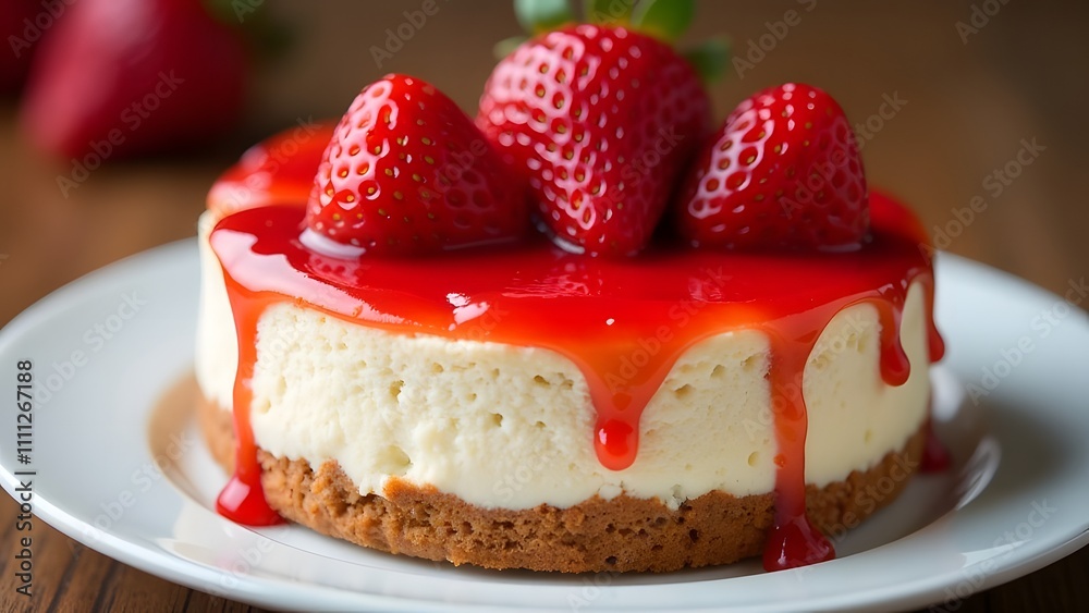 A delicious cheesecake adorned with fresh strawberries on top, presented beautifully on a pristine white plate for all to admire A delicious cheesecake adorned with fresh strawberries on top, presented beautifully on a pristine white plate for all to admire