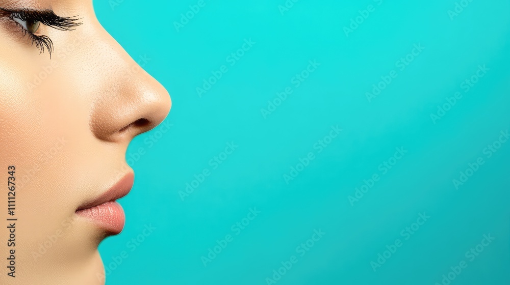 Fototapeta premium Elegant Side Profile of a Woman Against a Turquoise Background