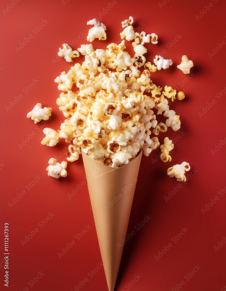 Popcorn placed in a kraft paper cone on a minimalist red background Popcorn placed in a kraft paper cone on a minimalist red background