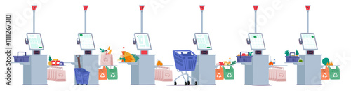 Self-service and contactless payment checkout terminal with digital touch screen in supermarket