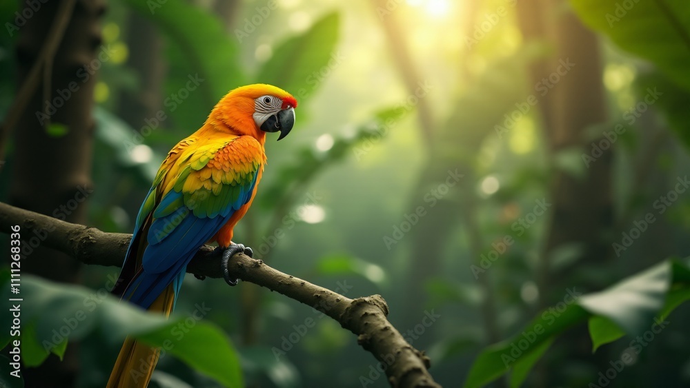 A peaceful image of a parrot perched on a branch amidst tropical foliage, exuding tranquility. A peaceful image of a parrot perched on a branch amidst tropical foliage, exuding tranquility.