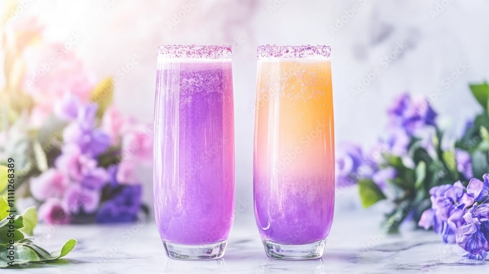 Vibrant two-toned purple and orange cocktails with sugared rims Vibrant two-toned purple and orange cocktails with sugared rims