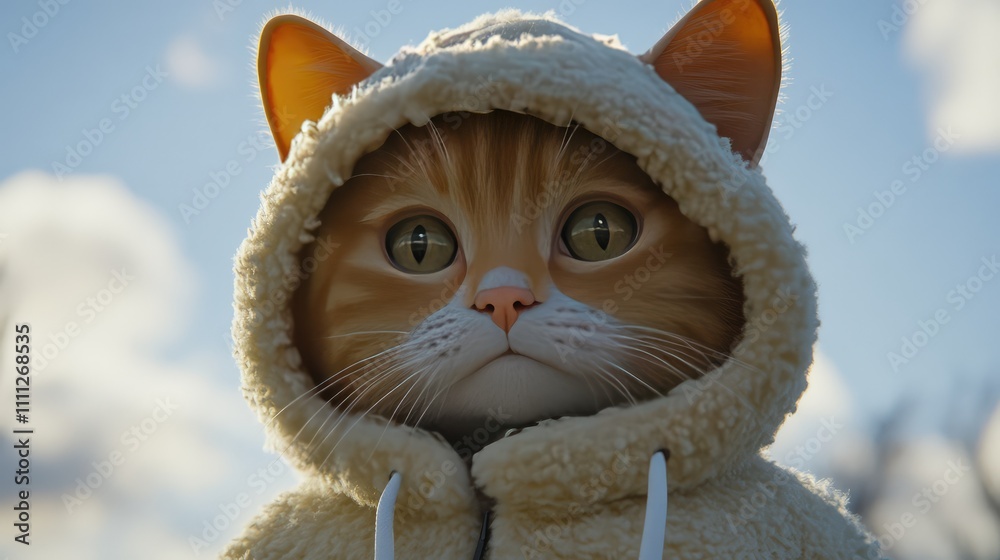 Cute Cat in Cozy Hoodie Against Bright Sky with Fluffy Clouds Cute Cat in Cozy Hoodie Against Bright Sky with Fluffy Clouds