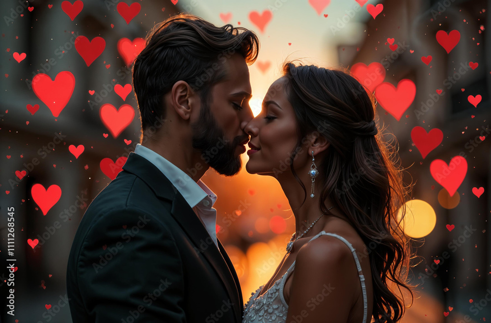 A man in a suit and a woman in a dress kiss at sunset on the street against the backdrop of red hearts. Couple against the backdrop of Valentine's confetti. Sunset date for Valentine's day. A man in a suit and a woman in a dress kiss at sunset on the street against the backdrop of red hearts. Couple against the backdrop of Valentine's confetti. Sunset date for Valentine's day.