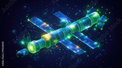 Fototapeta Naklejka Na Ścianę i Meble -  Futuristic space station wireframe hologram design amidst a starry galaxy background