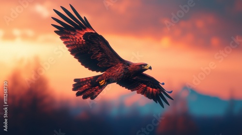 milestones achievement process Majestic Eagle Soaring Through the Sky, Leaving a Glowing Trail with Vibrant Feathers Against a Sunset Backdrop of Nature's Wonders