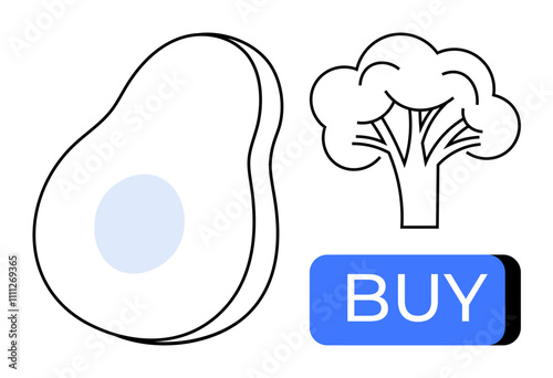 Avocado half, broccoli, and blue BUY button symbolizing healthy food purchasing. Ideal for e-commerce, health websites, nutrition apps, online grocery stores, farm-to-table flyers, food blogs, diet
