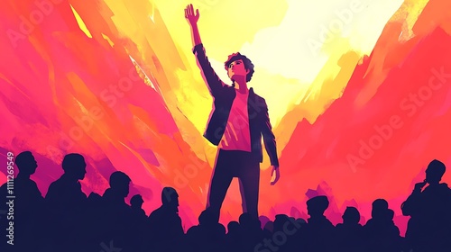 A man stands tall before a crowd, arm raised in a fiery, dramatic sunset.