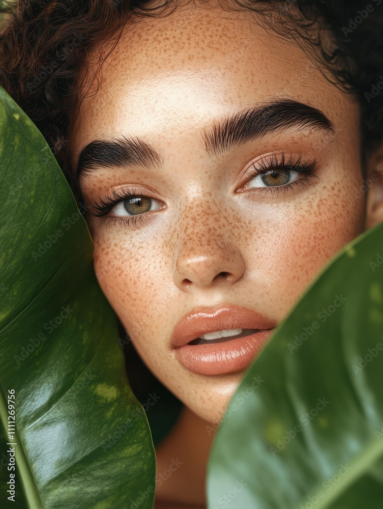 Close up face of beautiful young woman covering her face by green ...