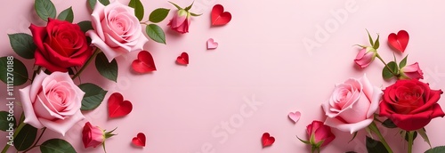 Beautiful red roses paired with cute pink hearts on a delightful pink background, perfect for celebrating Valentines Day this year photo