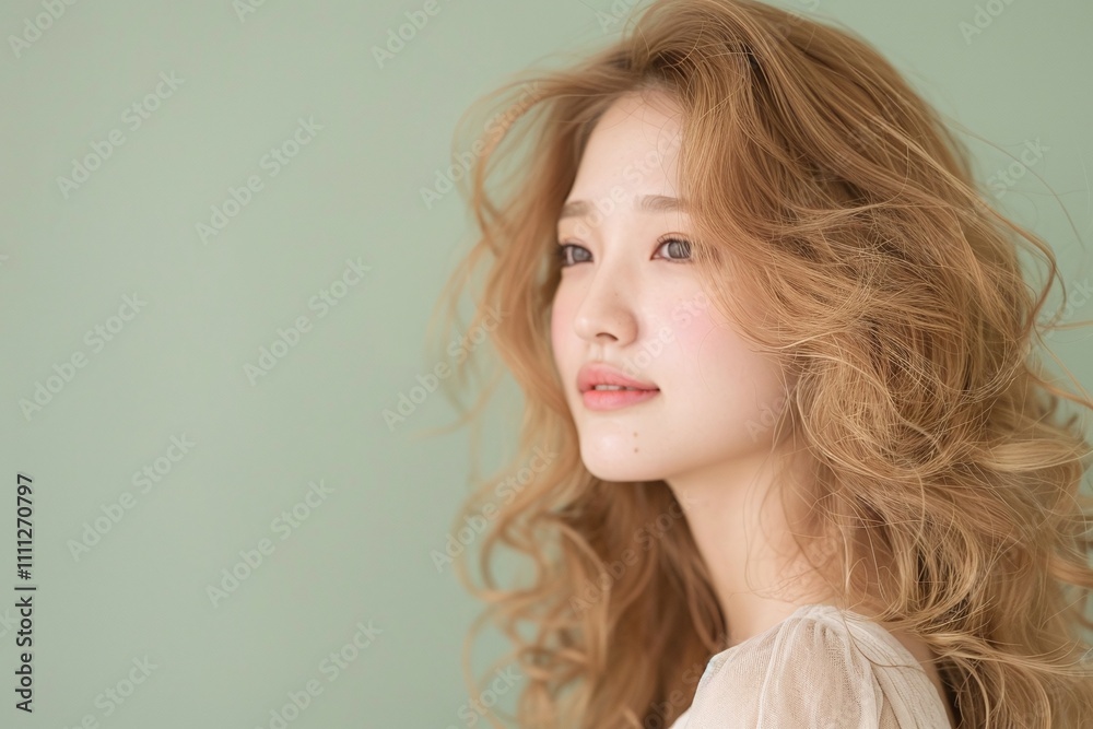 Naklejka premium Closeup of woman with soft blonde curls, light green background, natural beauty, glowing skin, serene expression, minimalistic style, radiant and feminine