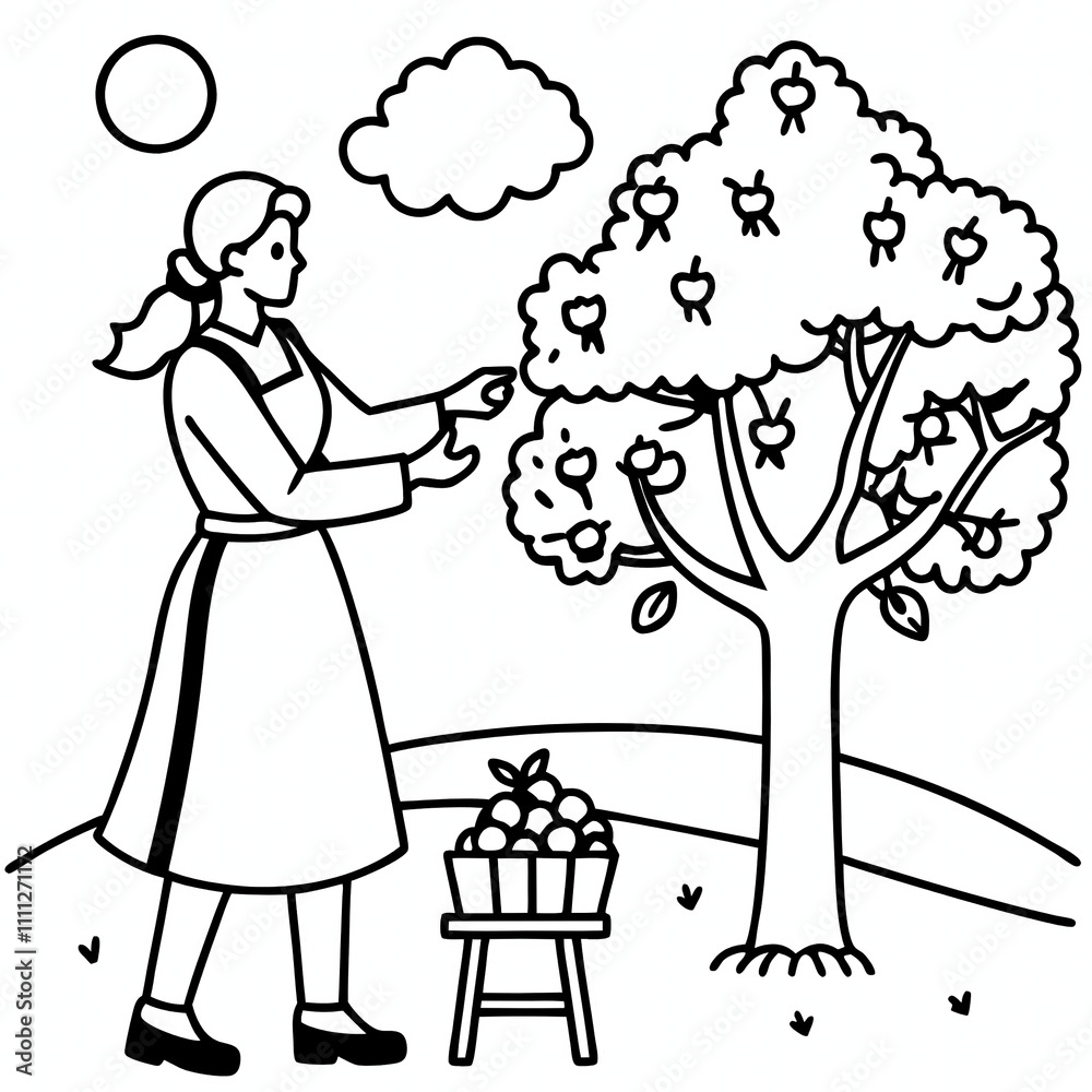A black and white vector illustration of a female farmer picking apples from a tree. A black and white vector illustration of a female farmer picking apples from a tree.