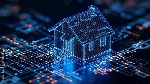 Digital smart home with futuristic architecture showcasing technology integration and the Internet of Things for a connected home concept. Technology innovation