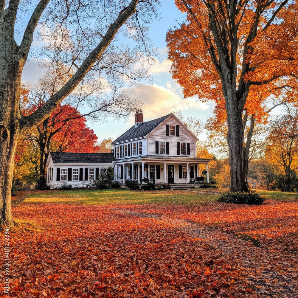 Obraz premium traditional farmhouse surrounded by sprawling maple trees, rich red and orange leaves