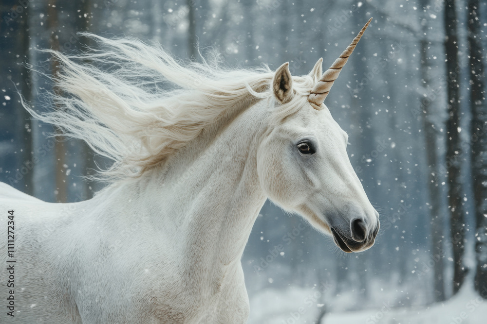 Obraz premium Beautiful white unicorn with flowing on a wind mane. Snowy forest on background with morning fog.