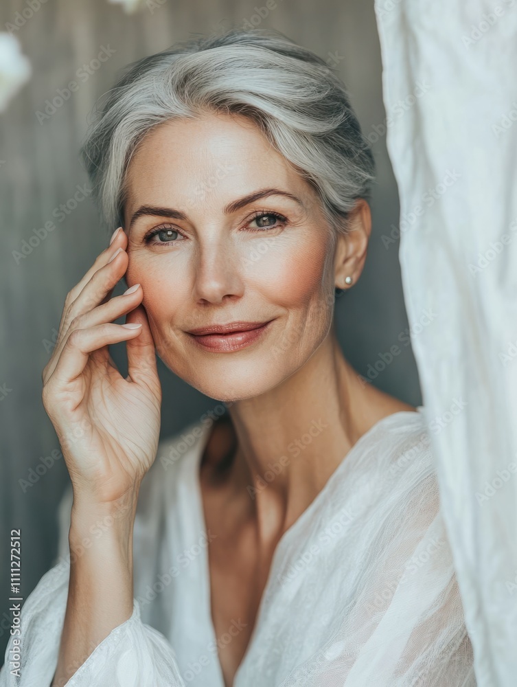 Happy 50s middle aged woman model touching face skin looking in mirror. Smiling mature older lady pampering, enjoying healthy skin care, aging beauty, skincare treatment cosmetic products concept. Happy 50s middle aged woman model touching face skin looking in mirror. Smiling mature older lady pampering, enjoying healthy skin care, aging beauty, skincare treatment cosmetic products concept.