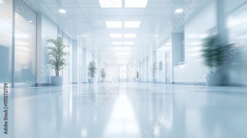 Modern hospital corridor with bright lighting and plants.