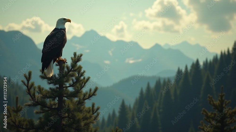 Fototapeta premium A bald eagle perched high on a tree, surveying the landscape with regal authority.