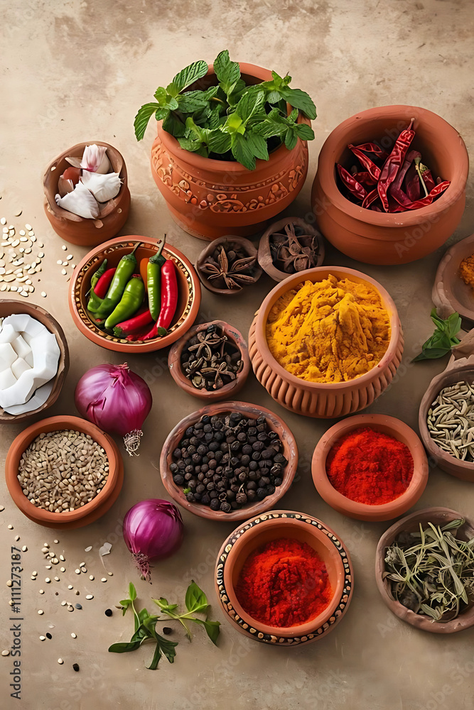 Indian essential spices in terracotta pots arranged over textured background Indian essential spices in terracotta pots arranged over textured background