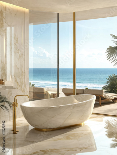 luxurious bathroom with a freestanding marble bathtub  gold fixtures  and floor-to-ceiling windows