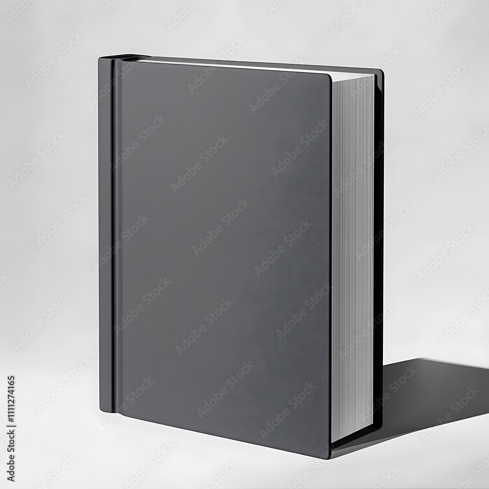 A single, dark gray hardcover book stands upright against a white background, casting a subtle shadow. A single, dark gray hardcover book stands upright against a white background, casting a subtle shadow.