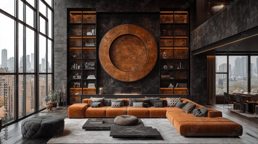 Luxurious modern living room with large windows, sectional sofa, and circular wall feature. Luxurious modern living room with large windows, sectional sofa, and circular wall feature.