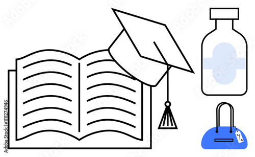 Open book with graduation cap, a medicine bottle, and a handbag. Ideal for education, health, lifestyle, wellness, personal growth academic achievement and balance. Line metaphor