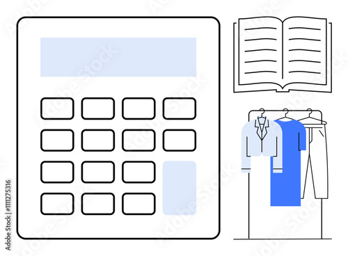 Large calculator, open book with lines, and three pieces of clothing on hangers. Ideal for accounting, finance, retail, fashion, inventory management budgeting business planning. Line metaphor