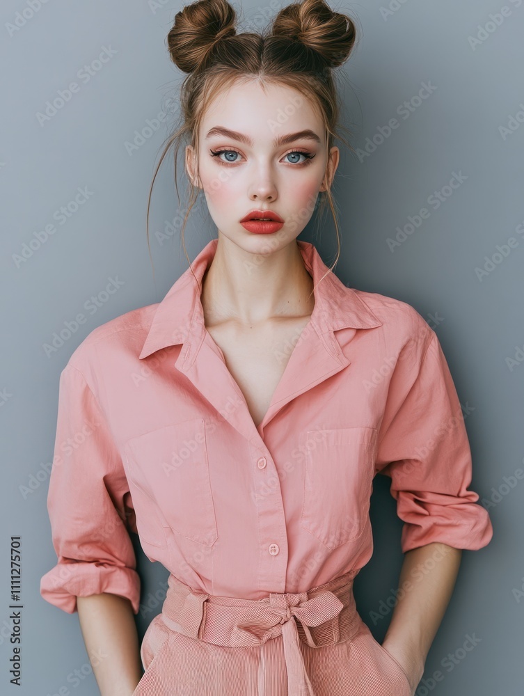 Horizontal shot of serious self confident woman with buns hairstyle dressed in fashionable clothes keeps hands in pocket looks attentively at camera has bright makeup poses against grey wall Horizontal shot of serious self confident woman with buns hairstyle dressed in fashionable clothes keeps hands in pocket looks attentively at camera has bright makeup poses against grey wall