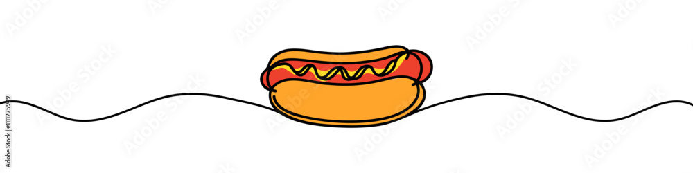 Hot dog one line continuous drawing. Long buns, wiener sausage, vegetables, sauces. Vector linear illustration. Hot dog one line continuous drawing. Long buns, wiener sausage, vegetables, sauces. Vector linear illustration.