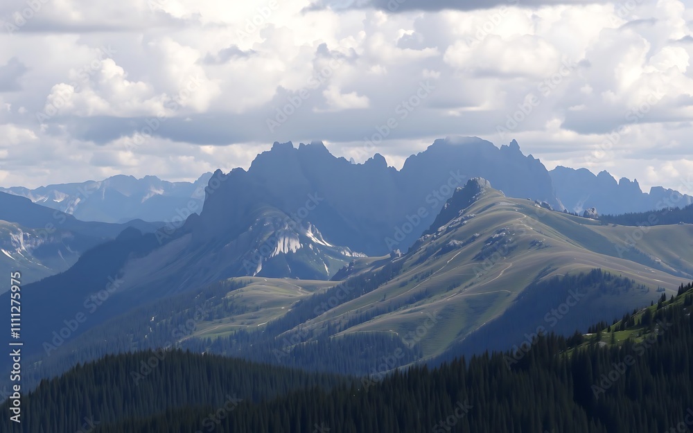 Obraz premium Majestic rugged mountain range landscape with lush green forest and cloudy sky, concept for travel brochure, outdoor adventure and nature exploration