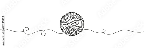 Ball of yarn continuous line sign. Round skein of knitting thread isolated on white background. Merino for knit needles, cotton for crochet. Crafting hobby. Vector sketch symbol for handmade design