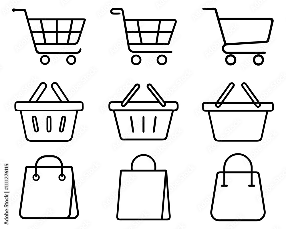 Set cart and shoping bag E-Commerce Icons vector design Set cart and shoping bag E-Commerce Icons vector design