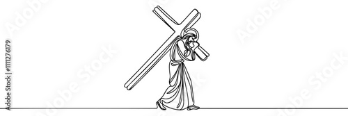 drawing of jesus christ carrying the cross drawn continuous line. Vector illustration