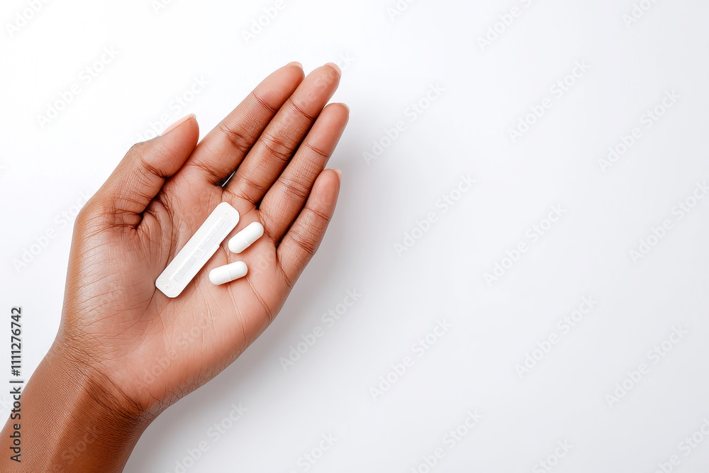 Naklejka premium Concept of complications of diabetes, high blood sugar. A close-up image of an open hand holding glucose test strips against a solid white background.