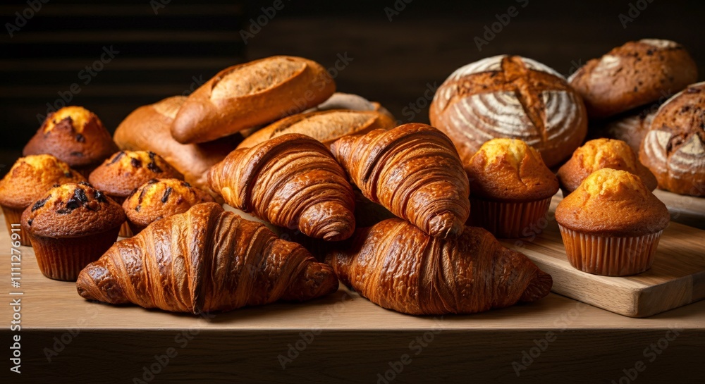 Fresh bakery display with croissants, bread rolls, and muffins in warm lighting Fresh bakery display with croissants, bread rolls, and muffins in warm lighting