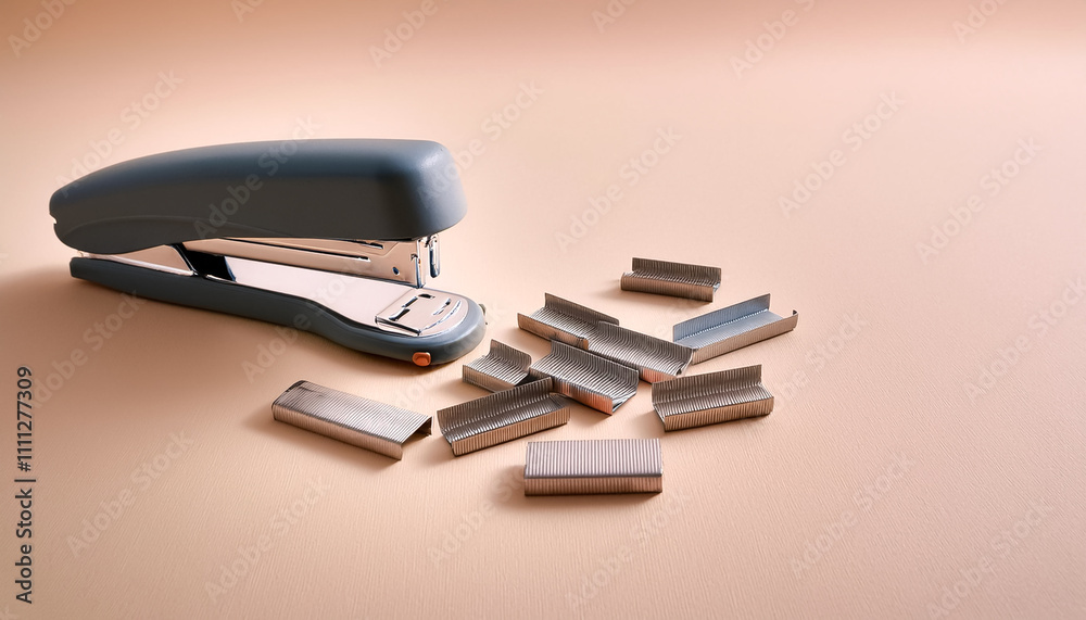 Open stapler with staples scattered neatly on Pastel beige Open stapler with staples scattered neatly on Pastel beige