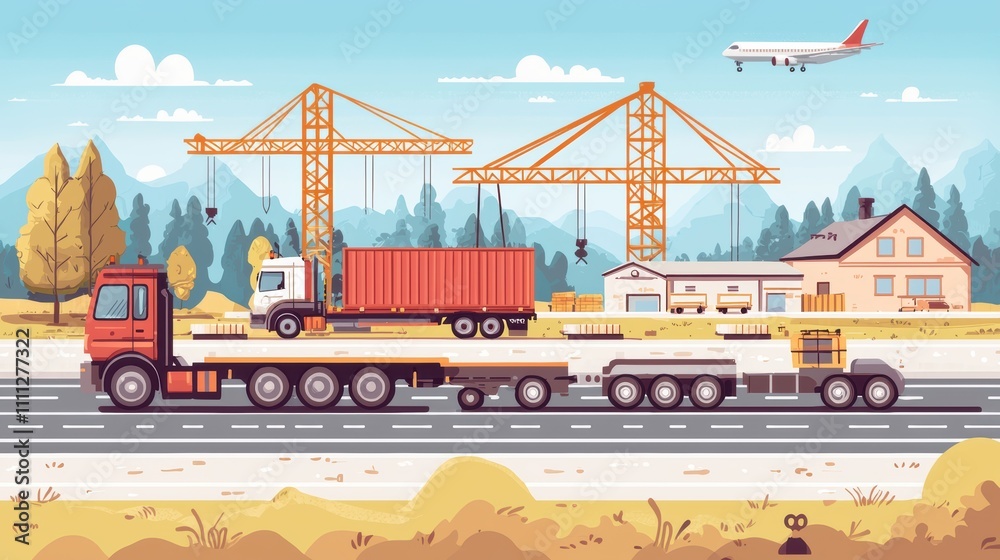 Construction activity with trucks and cranes urban area digital illustration daylight aerial view Construction activity with trucks and cranes urban area digital illustration daylight aerial view