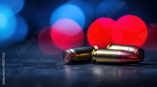 Bullet casings on dark surface with colorful lights urban setting macro photography nighttime photo