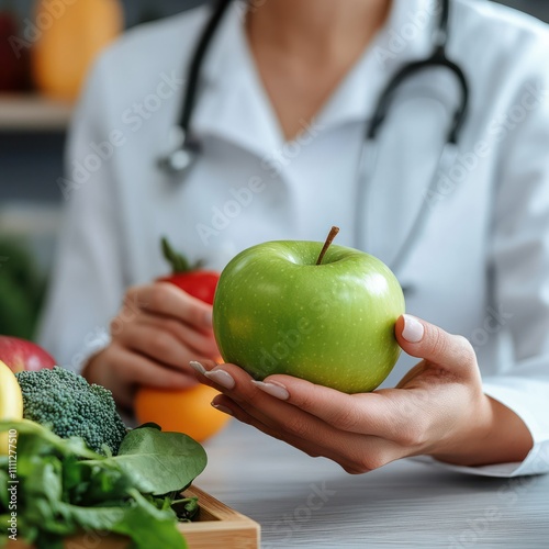 Nutritionist, dietitian woman at the office, hold apple in the hand, healthy vegetables and fruits, healthcare and diet concept. Female nutritionist with fruits working at her desk. photo