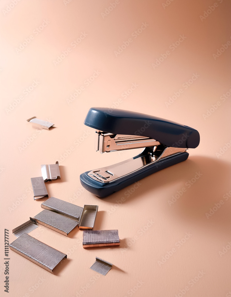 Open stapler with staples scattered neatly on Pastel beige