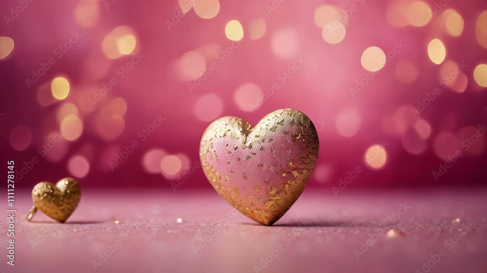 Glittery heart ornament hanging by a ribbon, surrounded by soft bokeh hearts on a pink background. Concept of love and romance. Valentines day background. Video 4k Glittery heart ornament hanging by a ribbon, surrounded by soft bokeh hearts on a pink background. Concept of love and romance. Valentines day background. Video 4k
